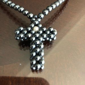 Grey Beaded Cross Necklace